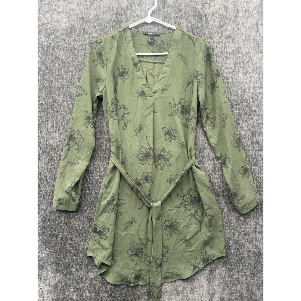 Forever 21 Mini Dress Womens Small Olive Green Floral V Neck Tie Waist Pleated